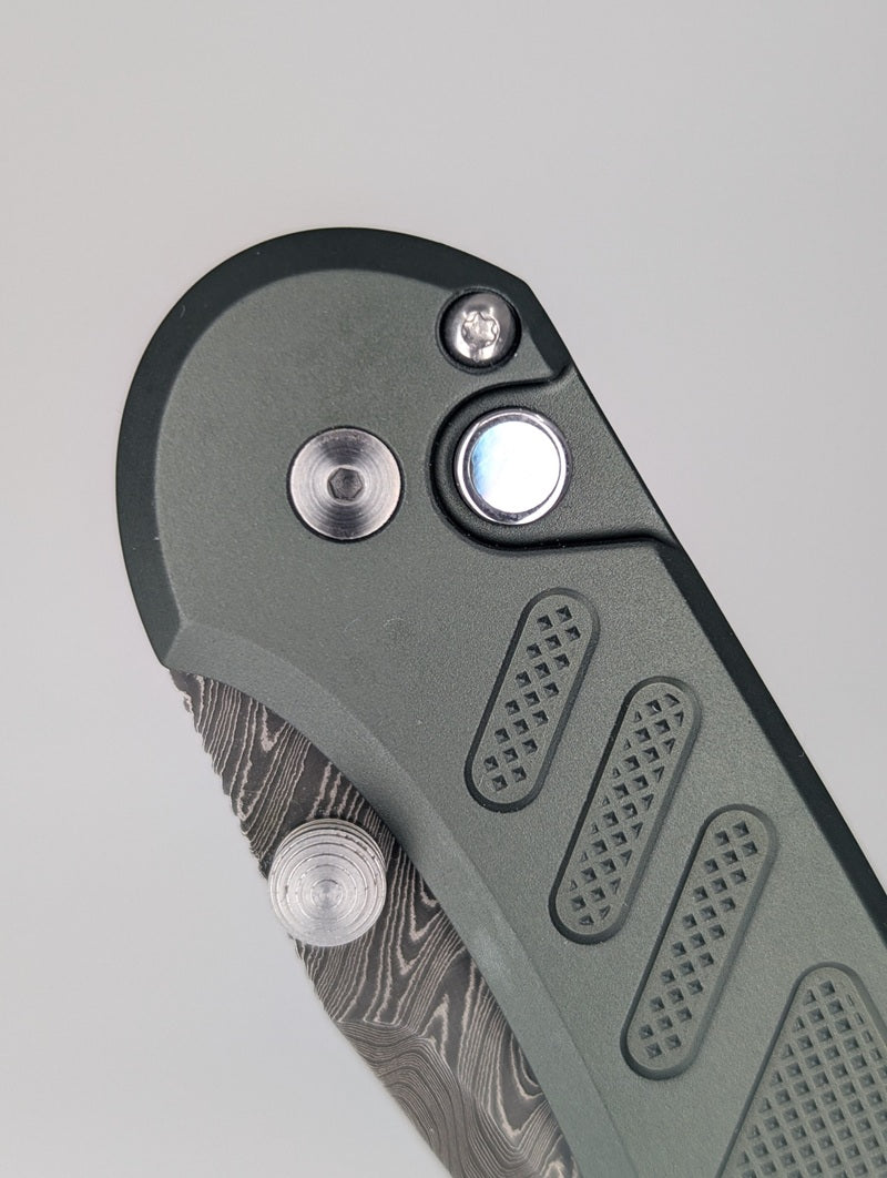 Protech x Peace Neighbor Avalon Custom Knurled Green Boomerang Damascus Button Lock Folding Knife
