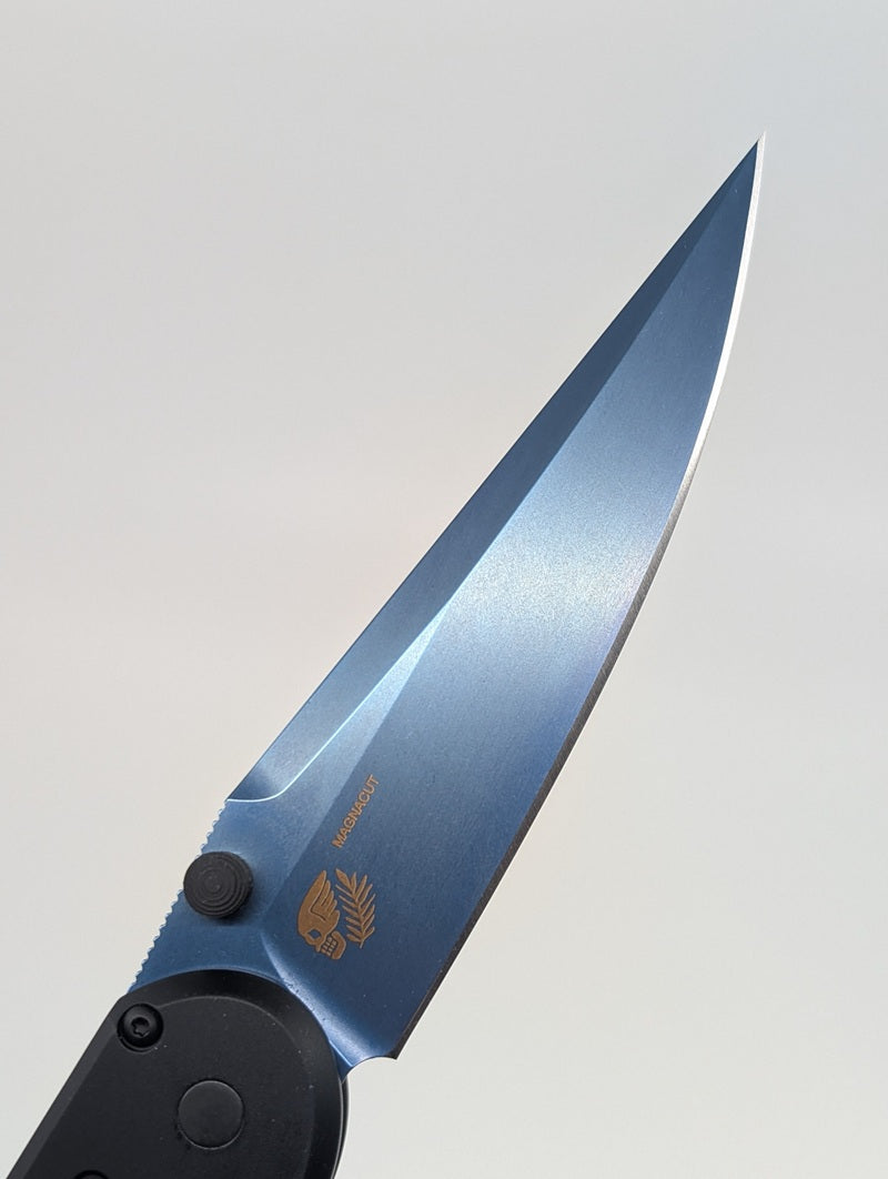 Protech x Peace Neighbor Avalon Black Sapphire Blue PVD MagnaCut Button Lock Folding Knife