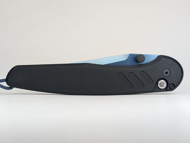 Protech x Peace Neighbor Avalon Black Sapphire Blue PVD MagnaCut Button Lock Folding Knife