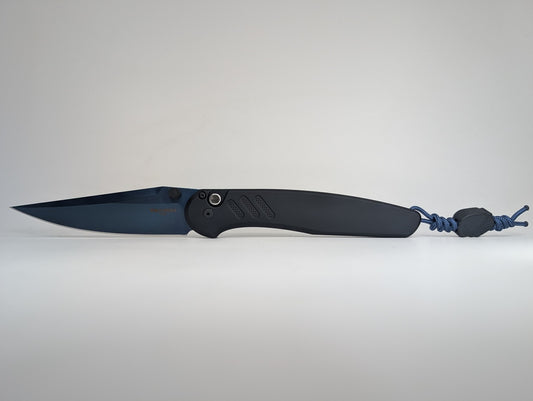 Protech x Peace Neighbor Avalon Black Sapphire Blue PVD MagnaCut Button Lock Folding Knife