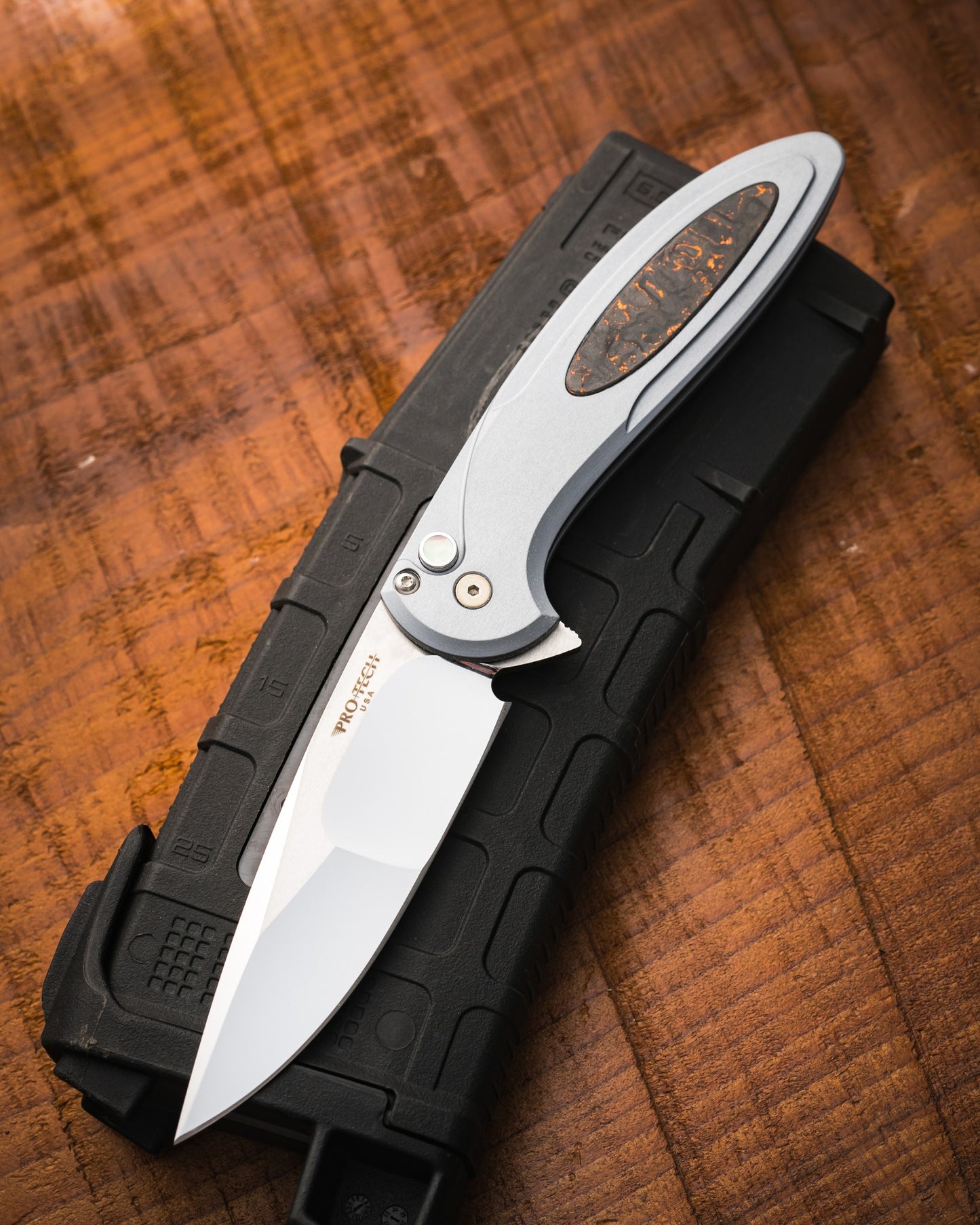 Protech Cambria Custom 4 Button Lock TechnoCarbo Copper Inlay Mike Irie Compound Grind #58/80
