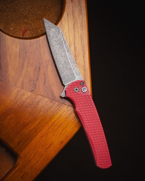 Protech Malibu Pearl Button Lock Battleworn Red Dragonscale handle Magnacut acidwash Reverse Tanto Blade #170 & #171 of 215