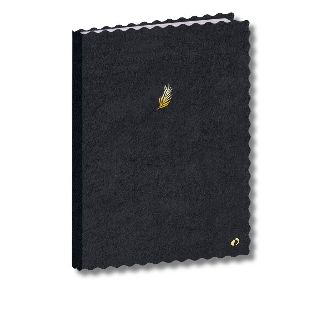 A black textured notebook with scalloped edges, featuring a small gold feather emblem near the top center and a gold logo near the bottom right, set against a plain white background.