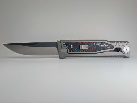 Reate EXO-M Damascus Red/White/Blue Handle Design Satin Drop Point Blade Gravity Knife