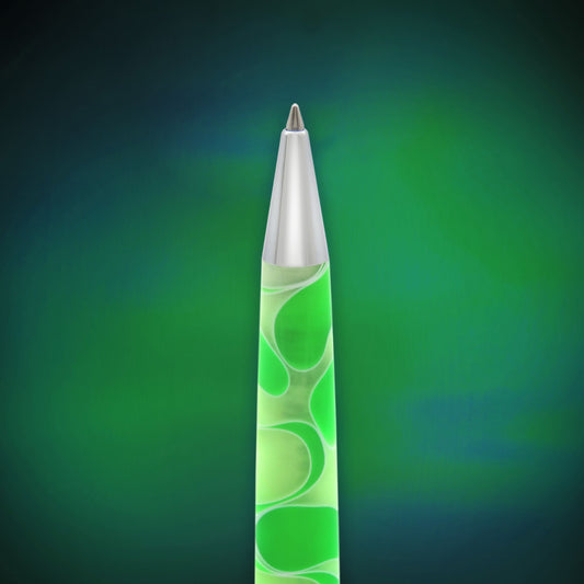 A single retractable pen centered vertically against a dark green to teal gradient background. The pen has a metallic silver tip and a translucent body with a marbled pattern of bright green, lime green, and pale green swirls.
