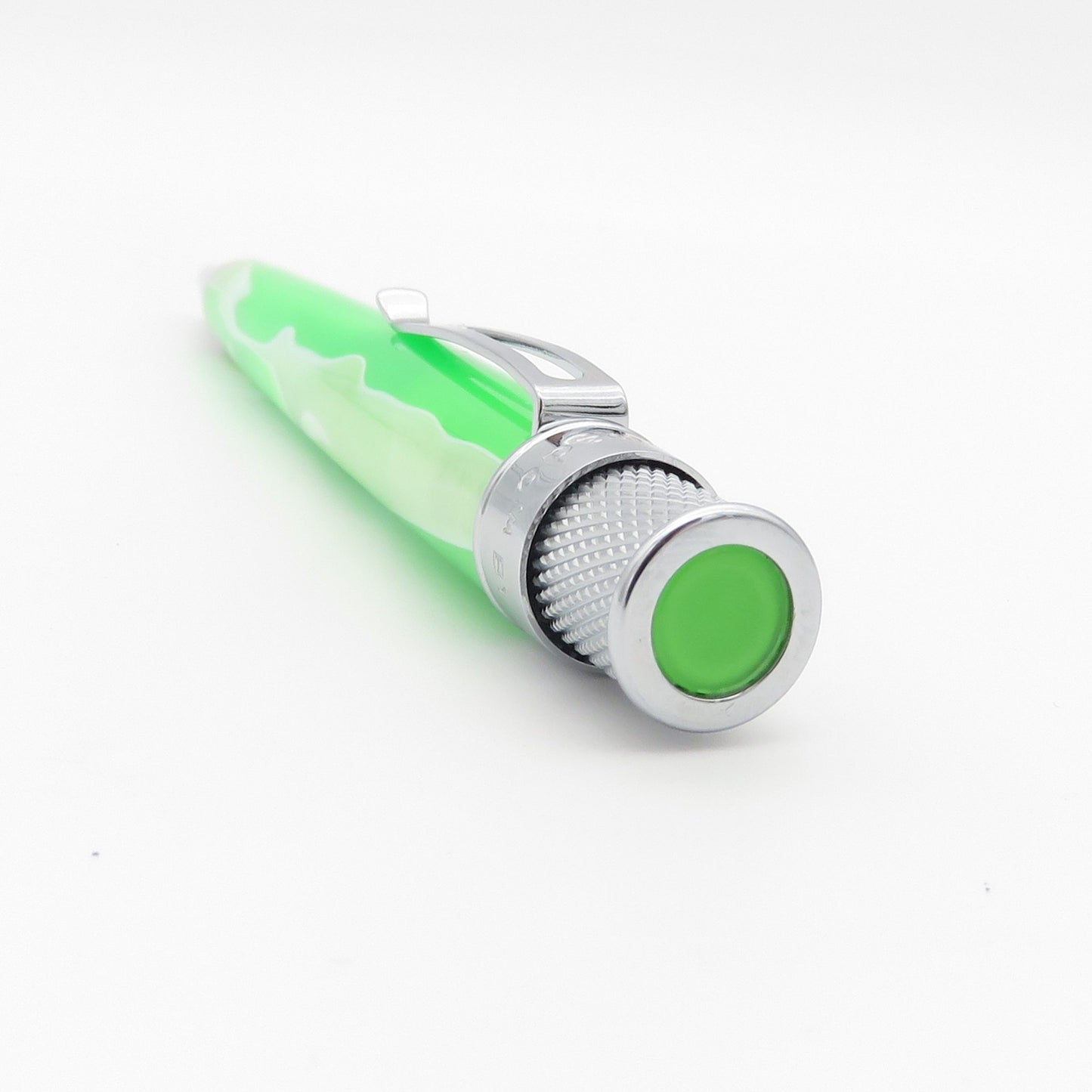 A green marbled pen with a textured silver metal band and a green circular end cap, shown on a plain white background.