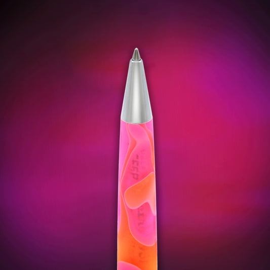 A slim retractable pen with a metallic silver tip and a translucent pink and orange body, centered against a dark purple and magenta gradient background.