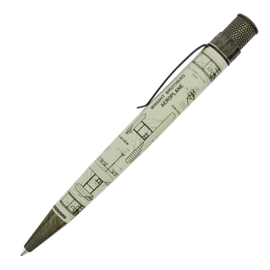 A novelty ballpoint pen featuring a Wright Brothers Aeroplane design printed on its barrel, with a dark textured grip and a black pen clip, shown on a plain white background.