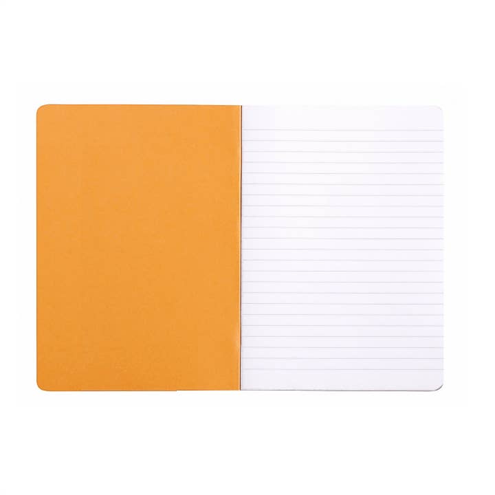 Rhodia Classic Notebook A4 with orange cover and white lined pages on a white background