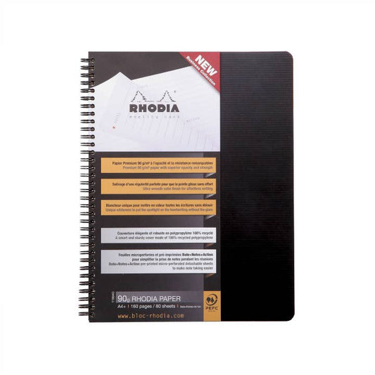 Black Rhodia notebook with spiral binding on a white background