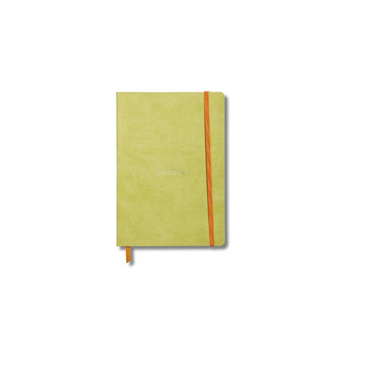 Rhodiarama Softcover A6 Anise green  notebook with a thin orange elastic closure band and a matching orange ribbon bookmark, shown on a plain white background.
