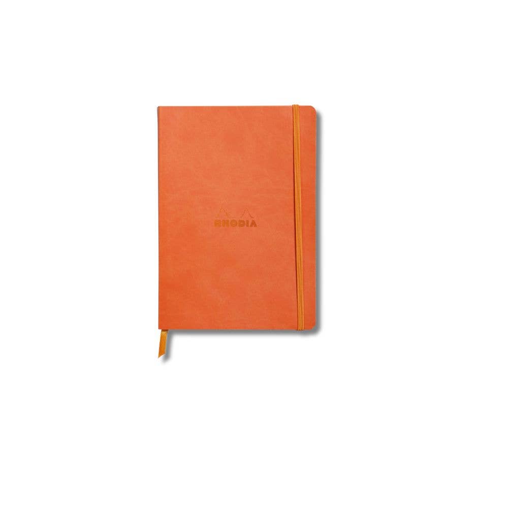 Rhodiarama Softcover A6 Tangerine notebook with a matching orange elastic closure band and a small orange ribbon bookmark, featuring the brand name 'OROSIA' embossed on the front, set against a plain white background.