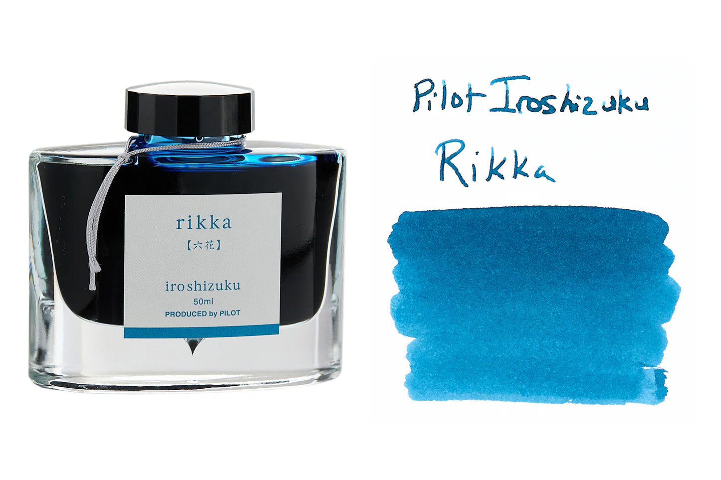 Pilot Iroshizuku Rikka ink bottle with blue ink swatch on a white background
