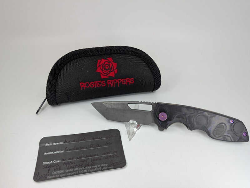 *Consignment* Rosie's Rippers Custom Mini Reaper Camo Carbon Acidwashed Elmax Framelock Folding Knife