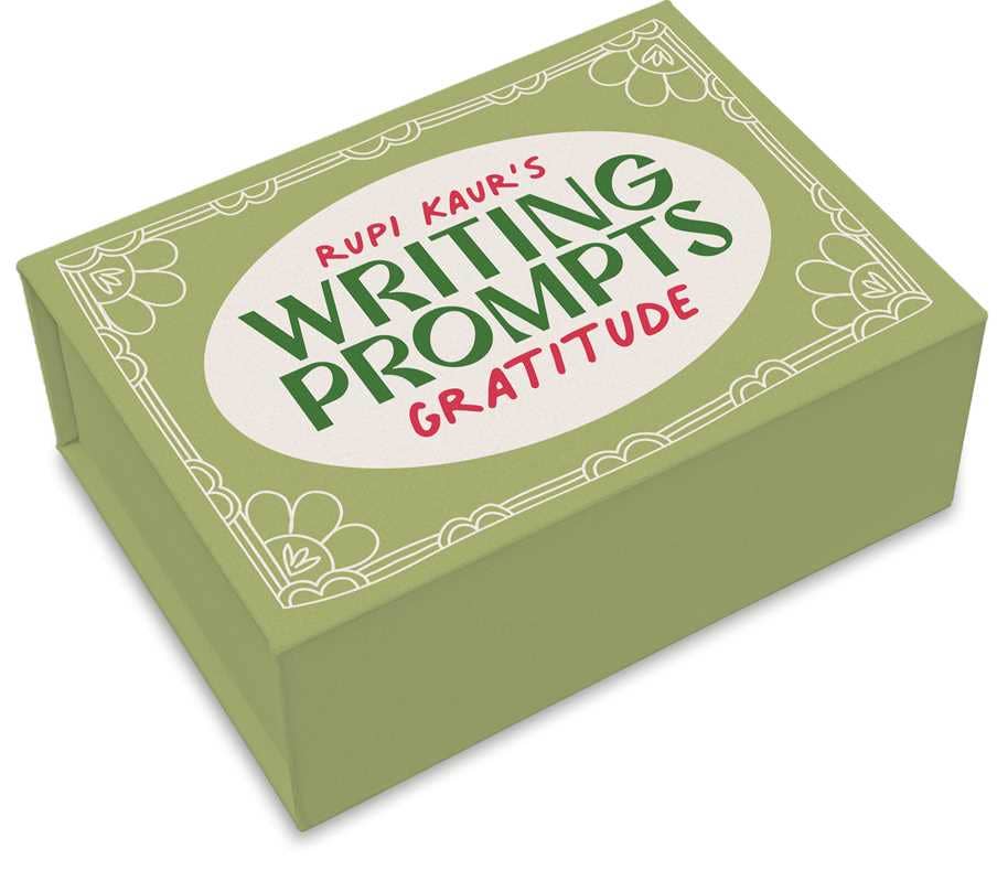 Green box with 'Rupi Kaur's Writing Prompts Gratitude' text on a white background