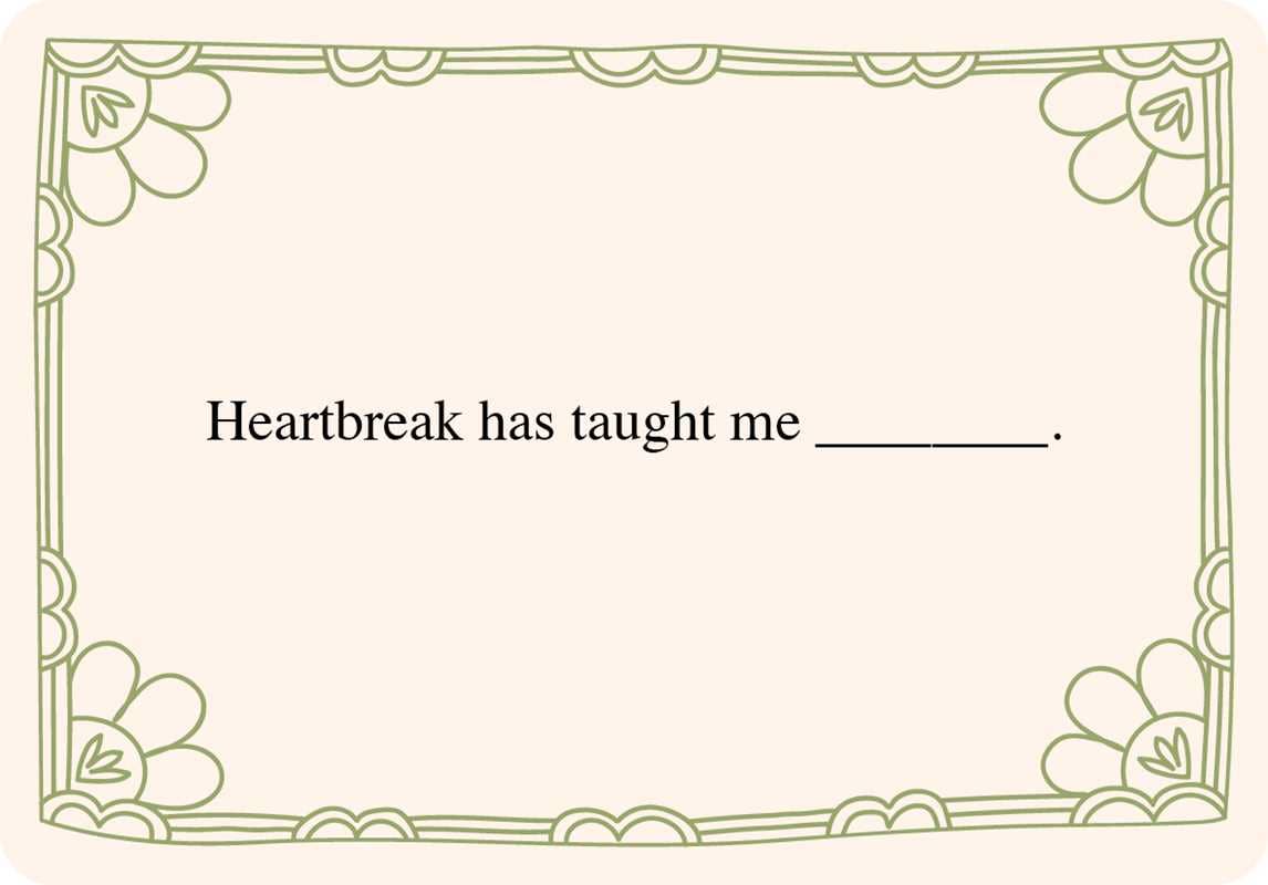 Rupi Kaur’s Writing Prompts: Blank card with decorative border and text 'Heartbreak has taught me _______'