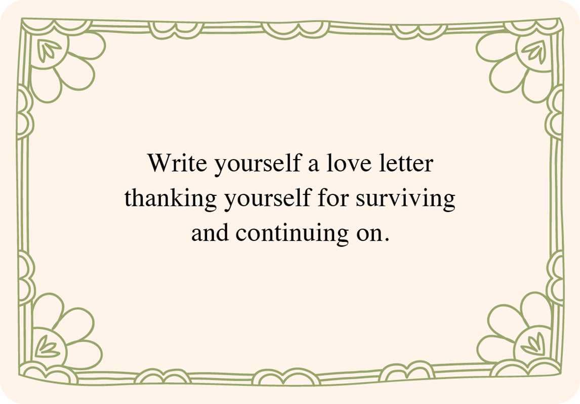 Motivational quote about writing a love letter to oneself with decorative border on light green background