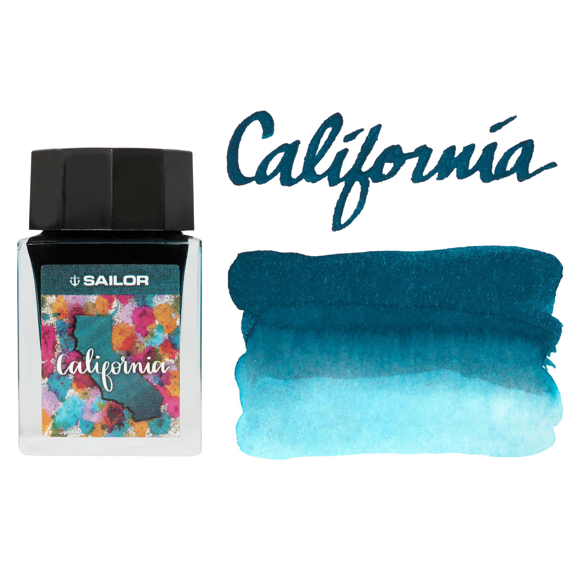 Sailor ink bottle with colorful label and swatch of blue ink on a white background