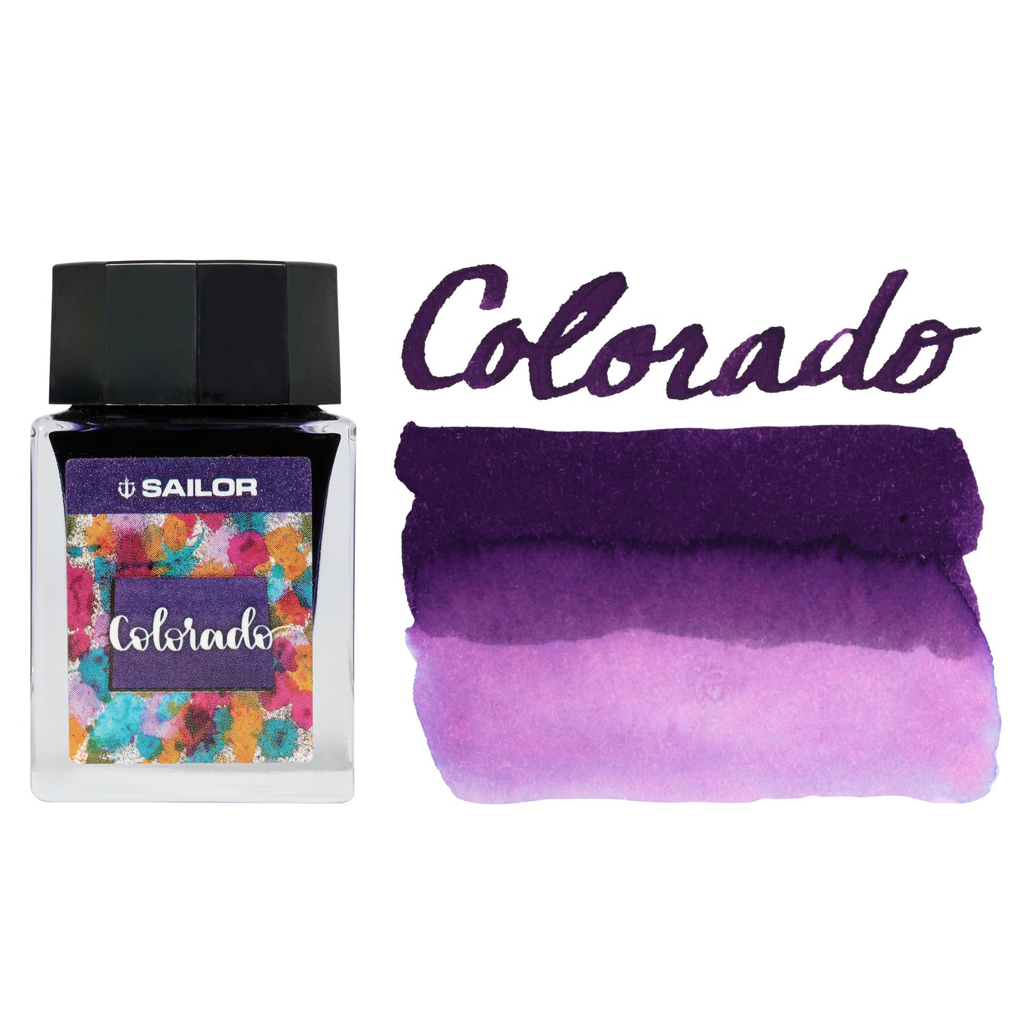Sailor ink bottle with colorful label and Colorado ink swatch on a white background