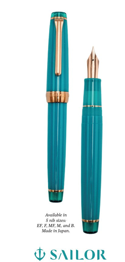 Teal fountain pen with antique gold accents on a white background, featuring the Sailor brand.