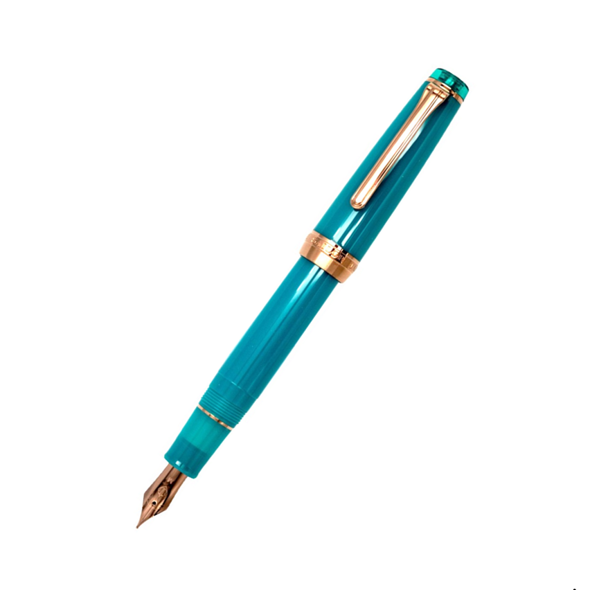 Teal fountain pen with antique gold accents on a white background