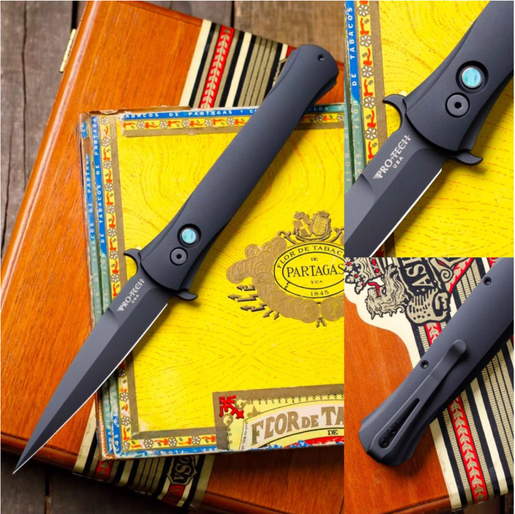 Protech Large Don Black Handle MoP Button DLC 4.5" Blade Auto Folding Knife