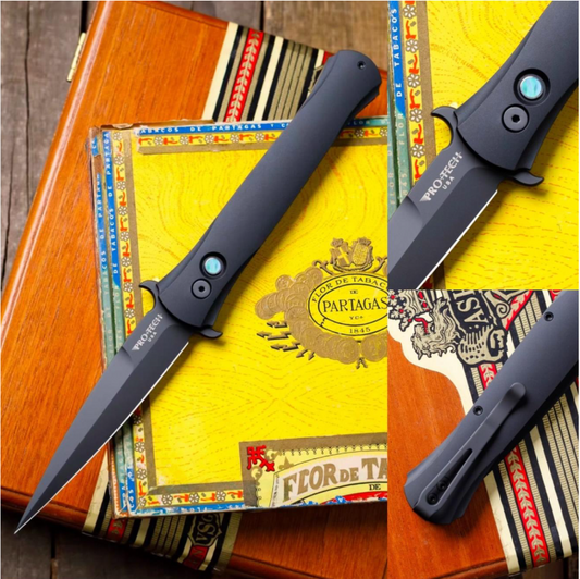 Protech Large Don Black Handle MoP Button DLC 4.5" Blade Auto Folding Knife