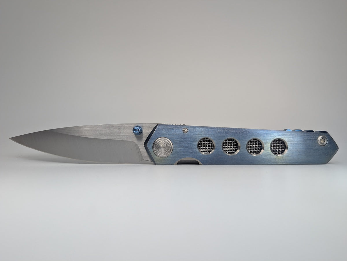 *Consignment* Sergey Rogovets iCePick Blue Anodized Titanium Frame Lock Folding Knife