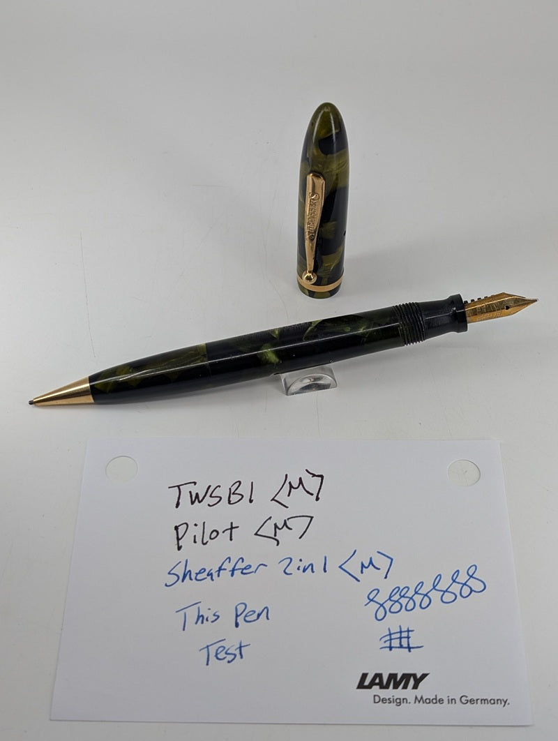 *Consignment* Sheaffer Vintage 2 in 1 Fountain Pen / Pencil Green Black Marble Steel Fine Nib