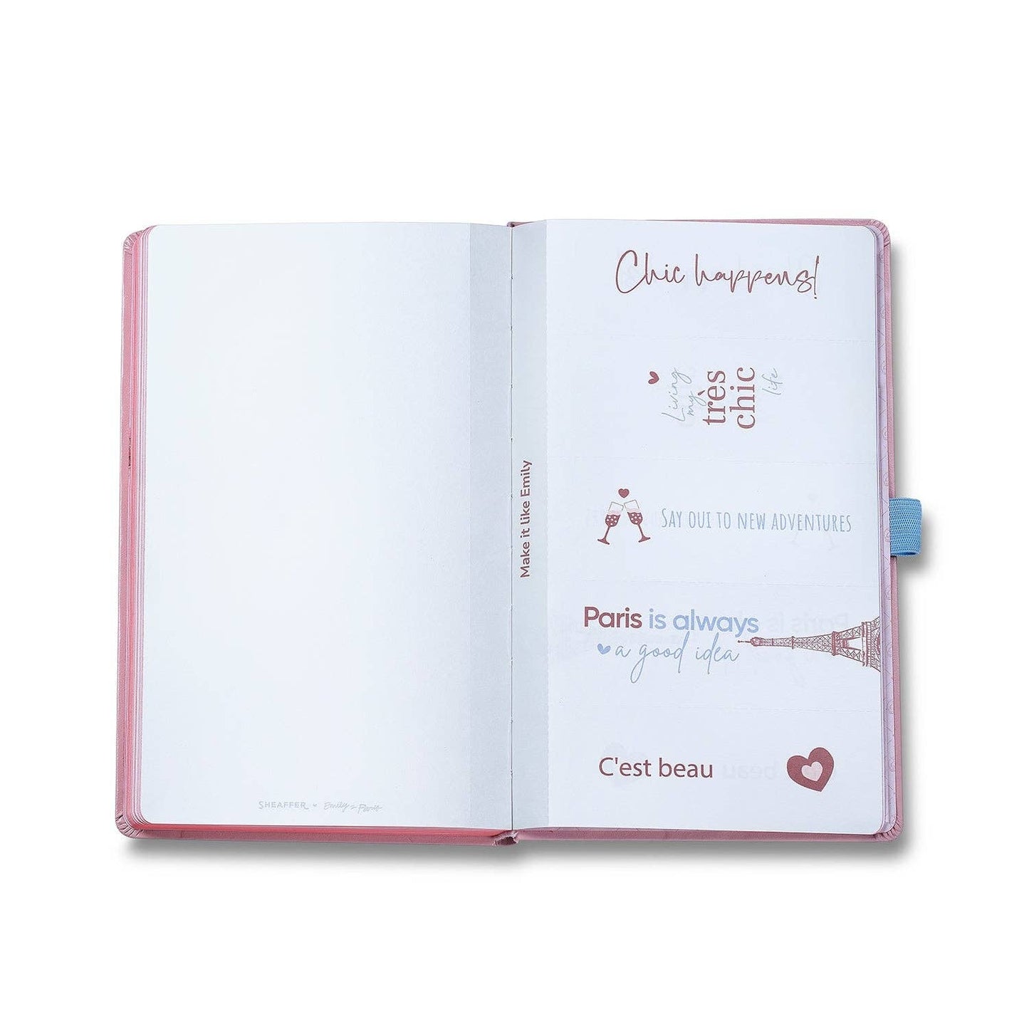 Sheaffer Emily In Paris Special Edition Eiffel Tower A5 Pink  Open notebook with motivational phrases on a white background
