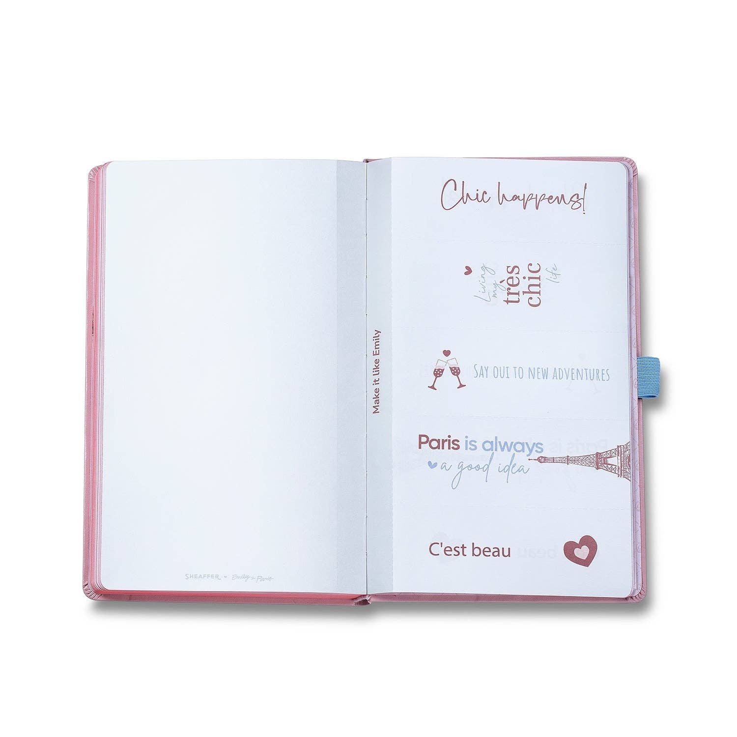 Sheaffer Emily In Paris Special Edition Eiffel Tower A5 Pink  Open notebook with motivational phrases on a white background
