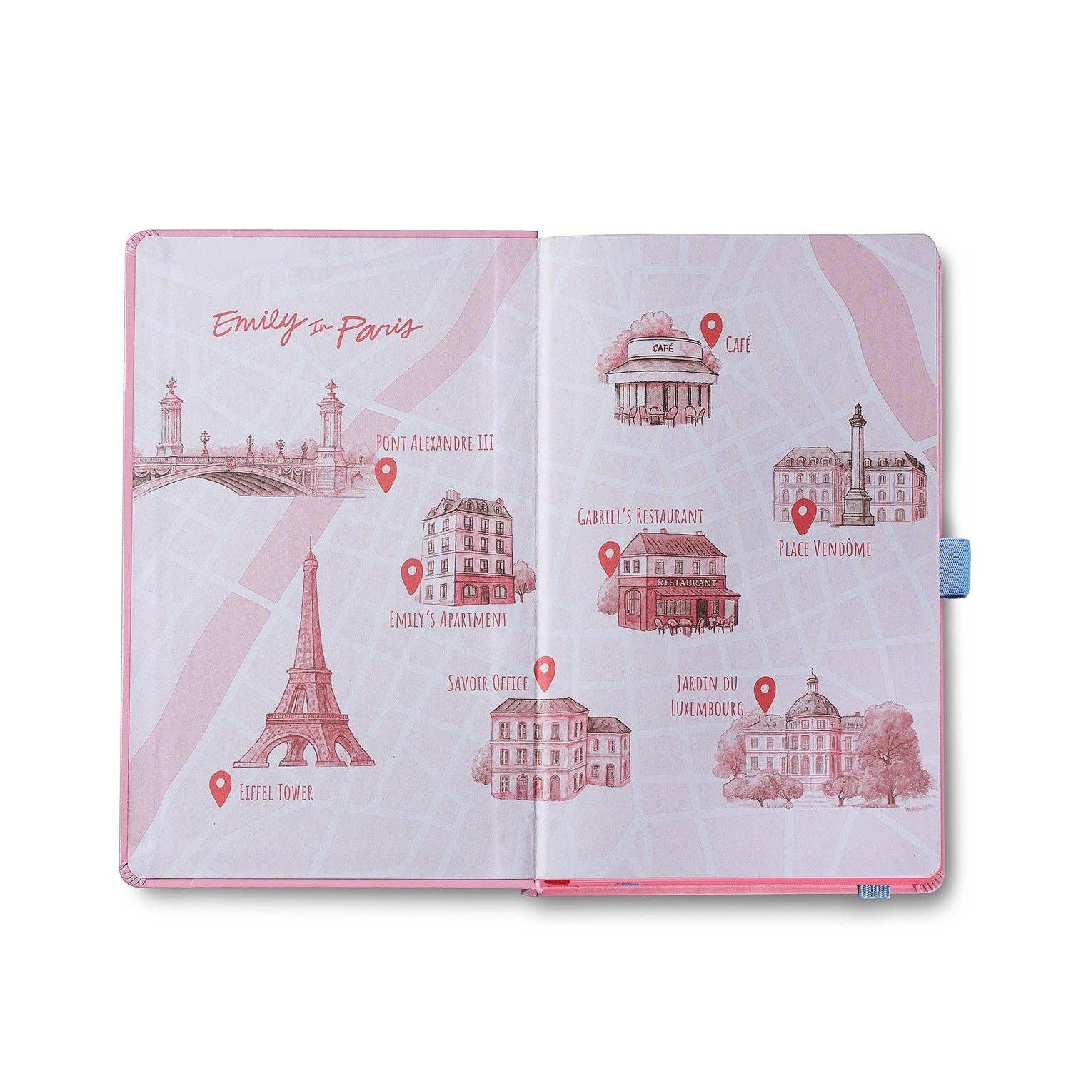 Sheaffer Emily In Paris Special Edition Eiffel Tower A5 Pink Notebook with Paris-themed illustrations on a white background