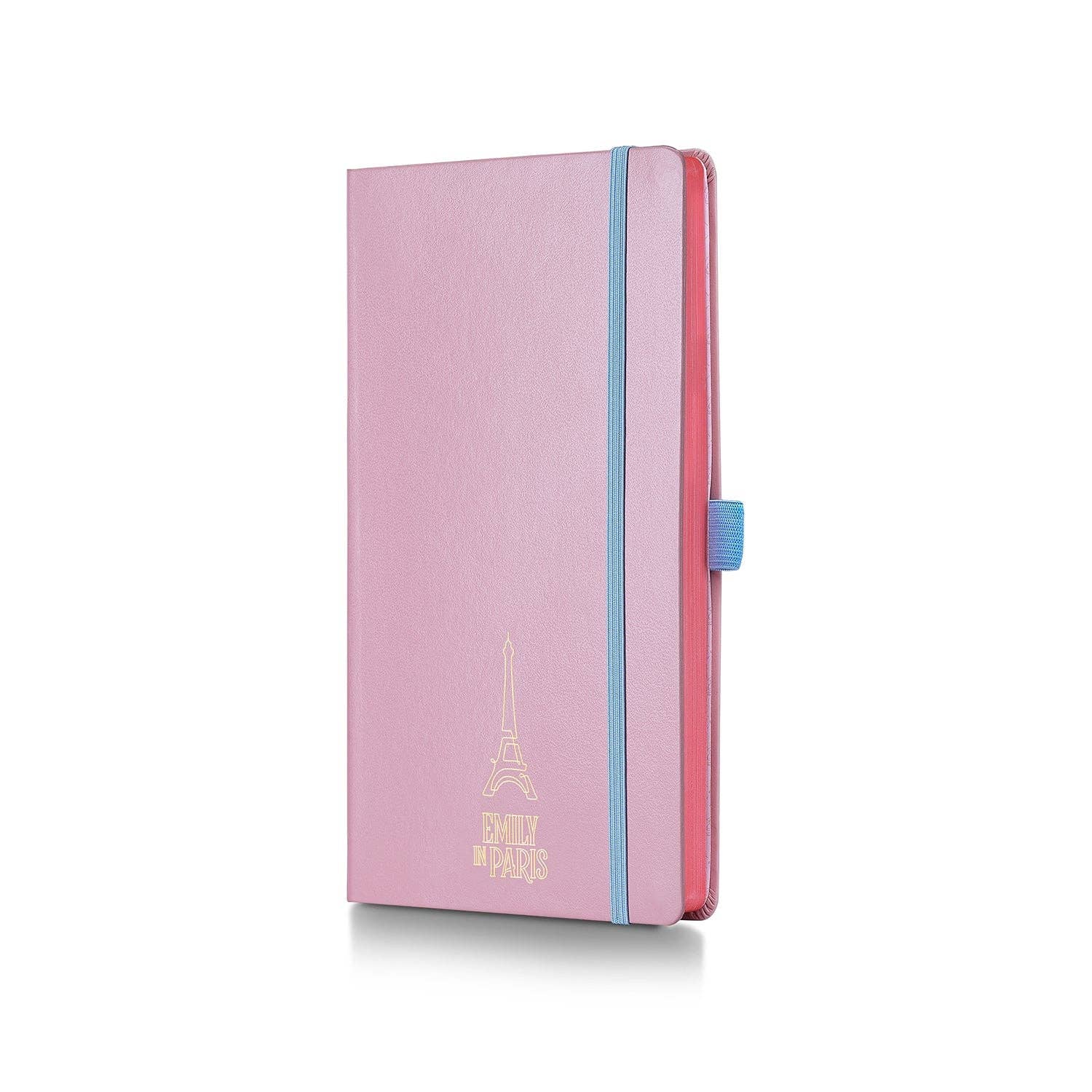 Pink notebook with Eiffel Tower design on a white background