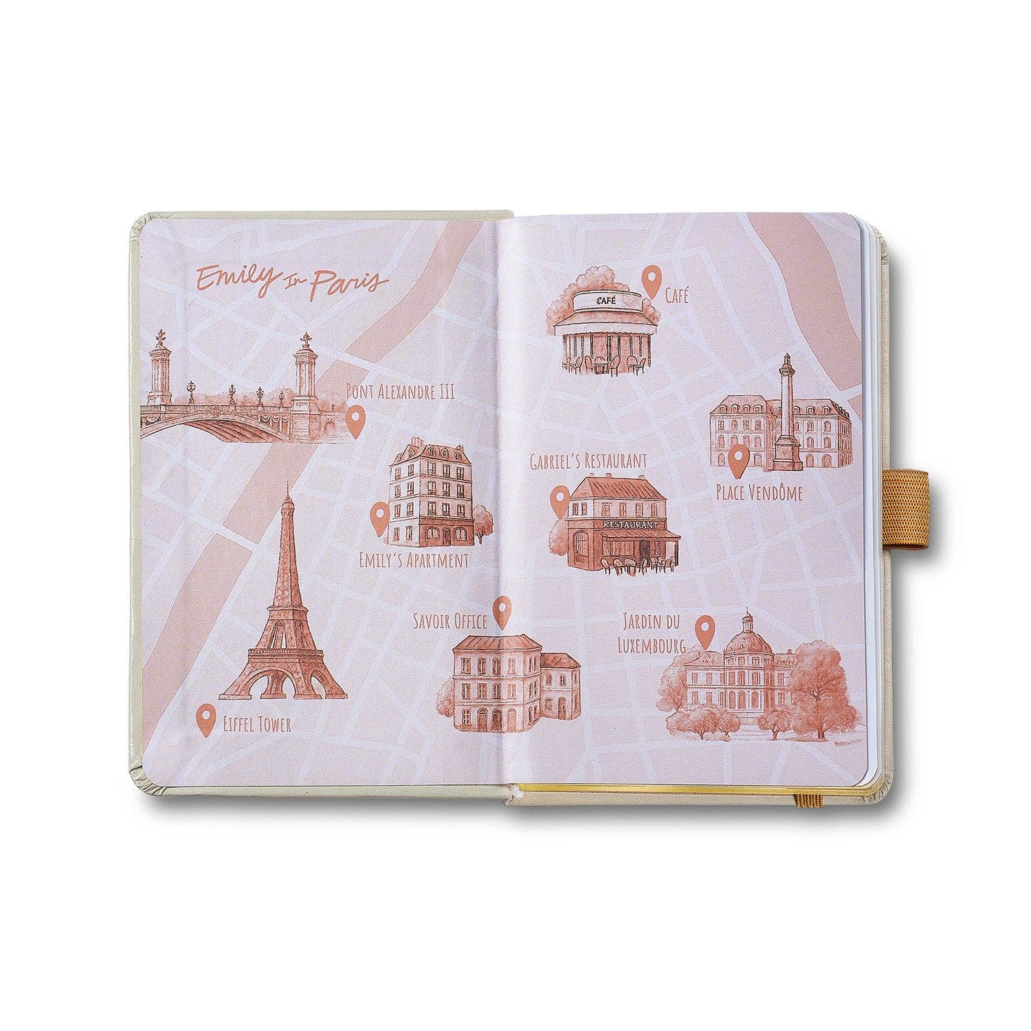 Open notebook with Paris-themed illustrations on a white background