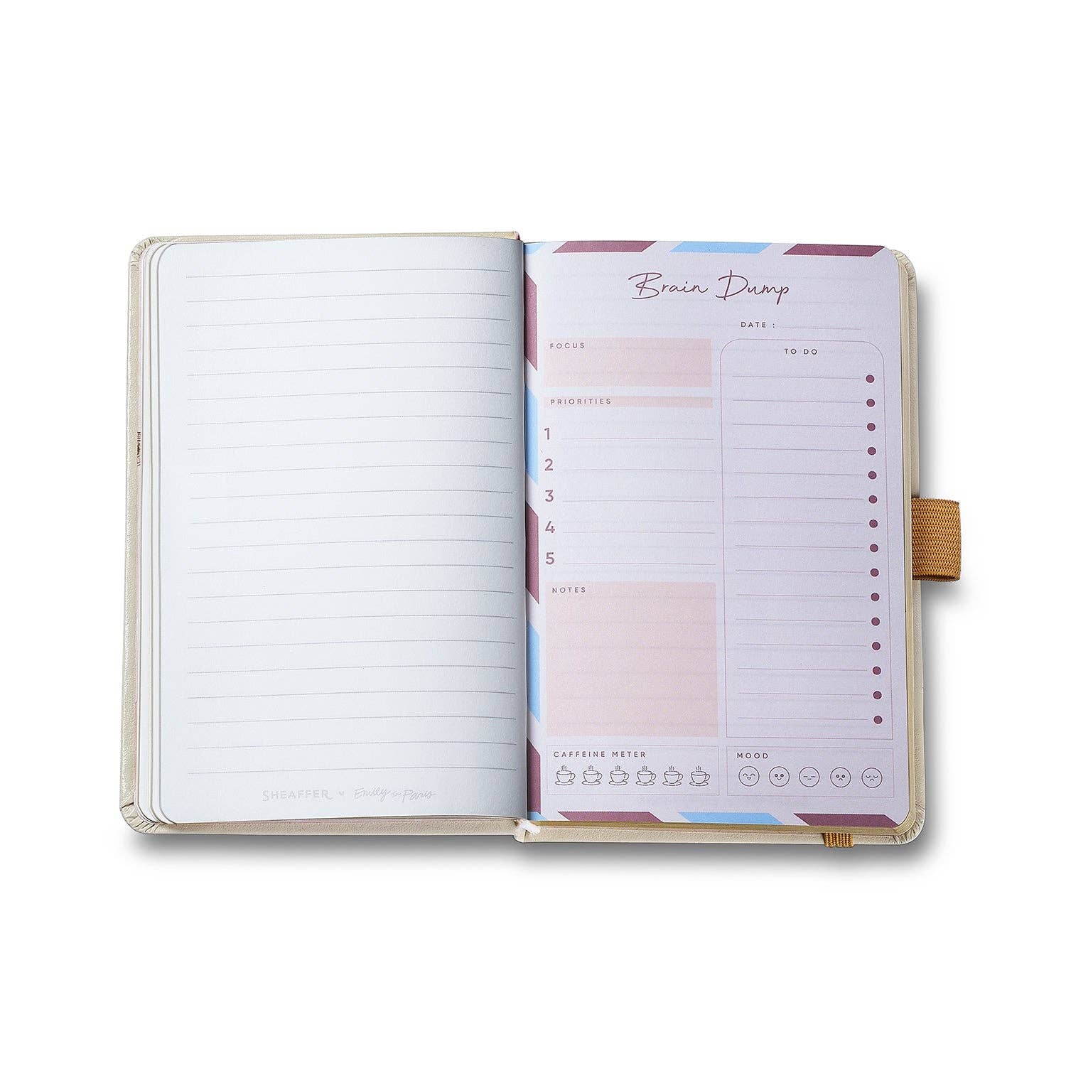 Open planner with lined pages and a colorful monthly layout on a white background