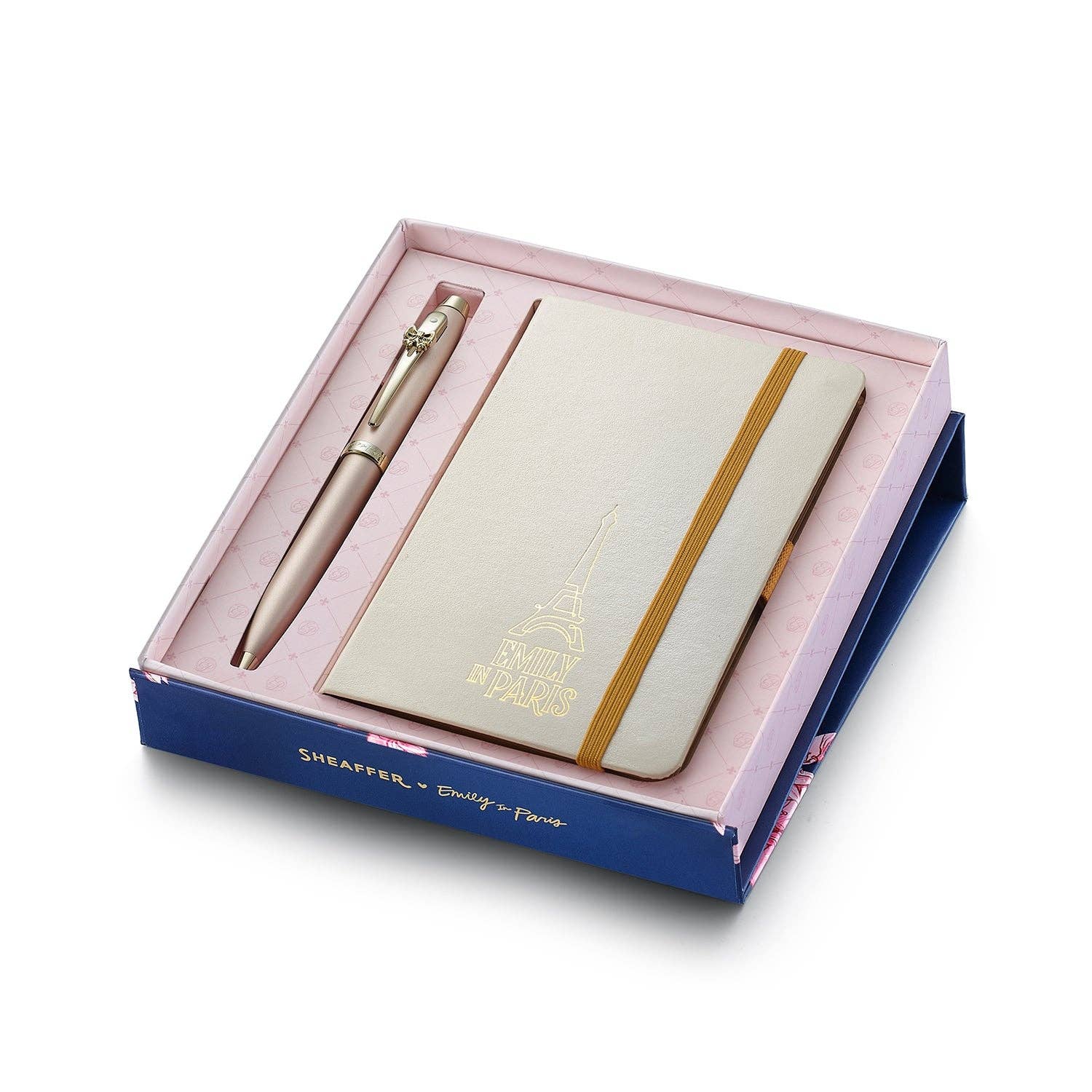 Sheaffer pen and notebook set in a decorative box on a white background