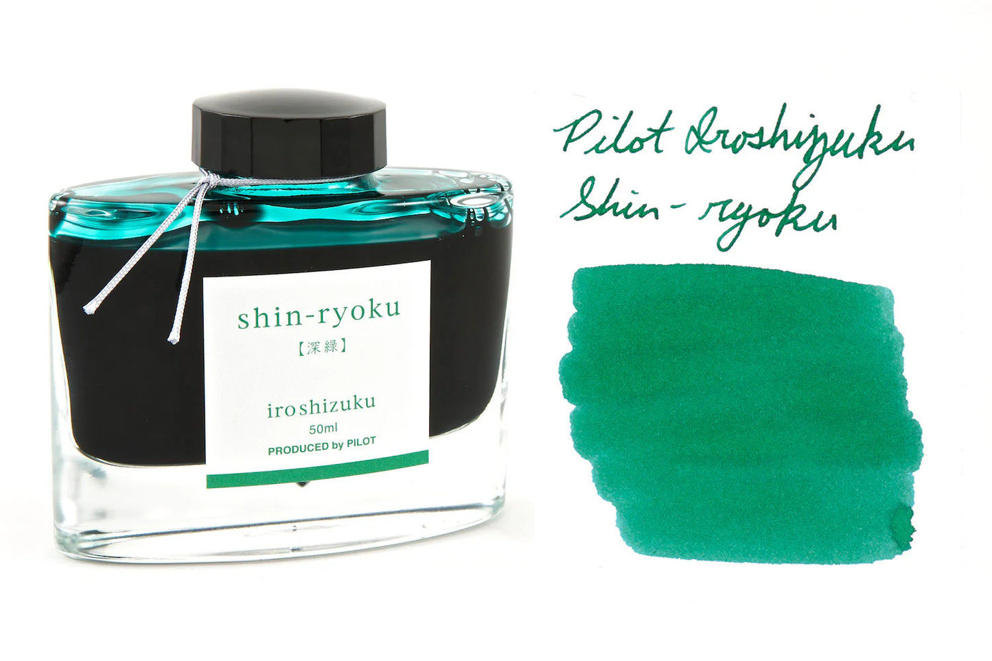 Pilot Iroshizuku Shin-Ryoku ink bottle with a swatch of green ink on a white background
