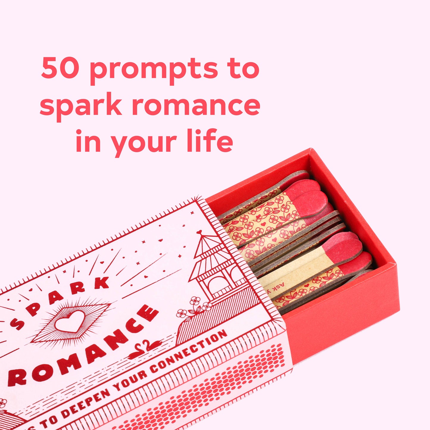 Matchbox with romantic prompts on a white background
