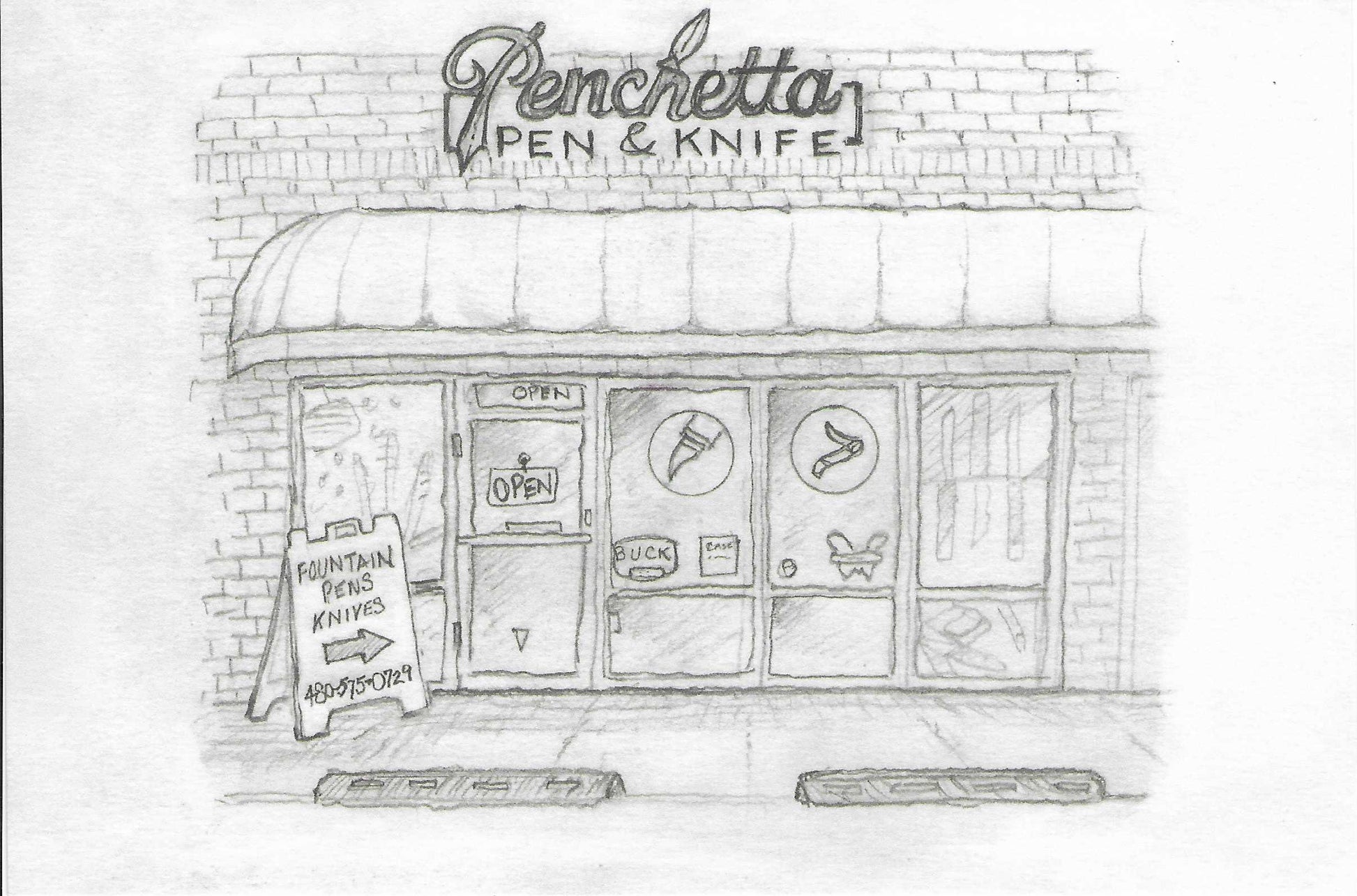 A black and white pencil sketch of a storefront with the sign 'Penchetta Pen & Knife' above the entrance, plus a sidewalk sign reading 'Fountain Pens, Knives' and arrow markings on the windows.