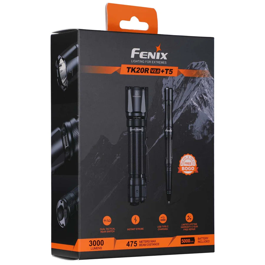 Fenix TK20R V2.0 Rechargeable Tac Flashlight with T5 Pen Gift Set