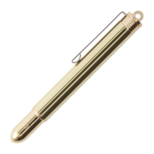 A brass rollerball pen with a rotating ball tip, designed to be used with European type fountain pen ink cartridges.
