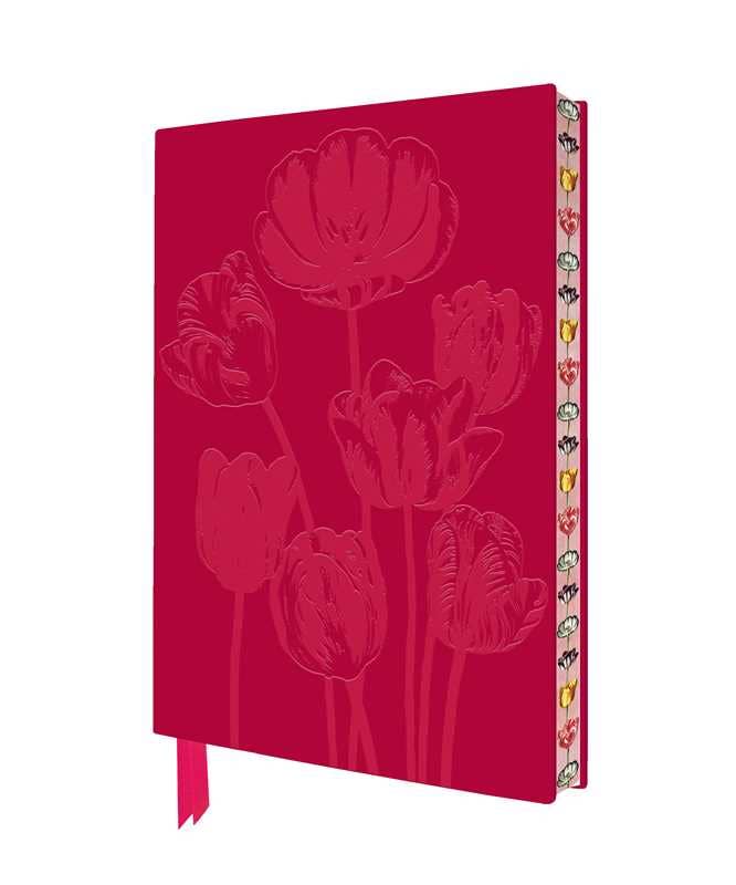 Notebook with tulip design and colorful binding on a white background