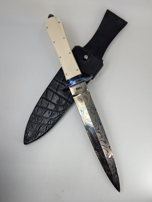 *Consignment* Todd Kopp Knives Custom Blued Damascus Fixed Blade Knife w/ Walrus Ivory Handle