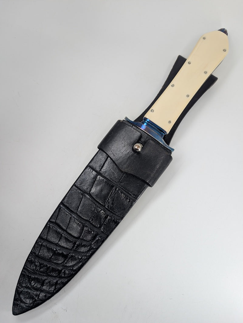 *Consignment* Todd Kopp Knives Custom Blued Damascus Fixed Blade Knife w/ Walrus Ivory Handle