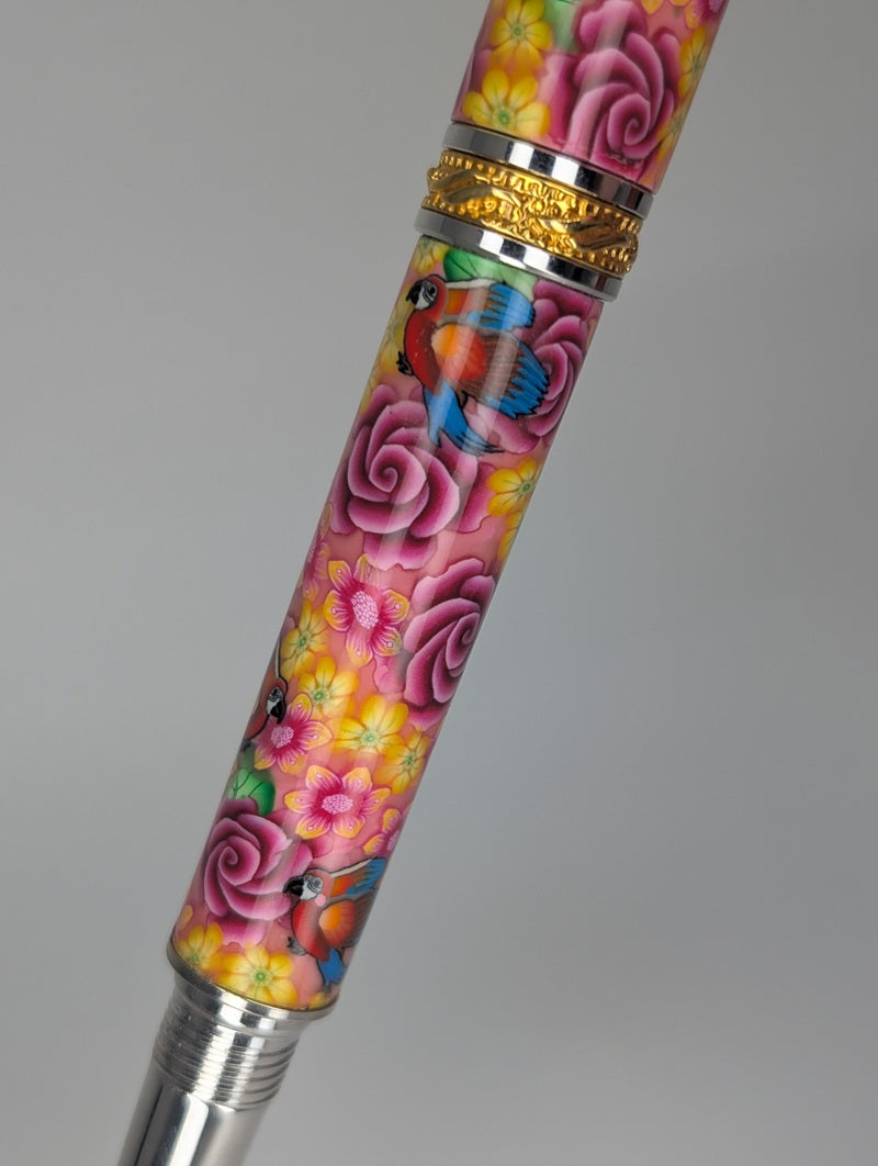 *Consignment* Toni Ransfield Pink Flowers & Parrot Rollerball Pen