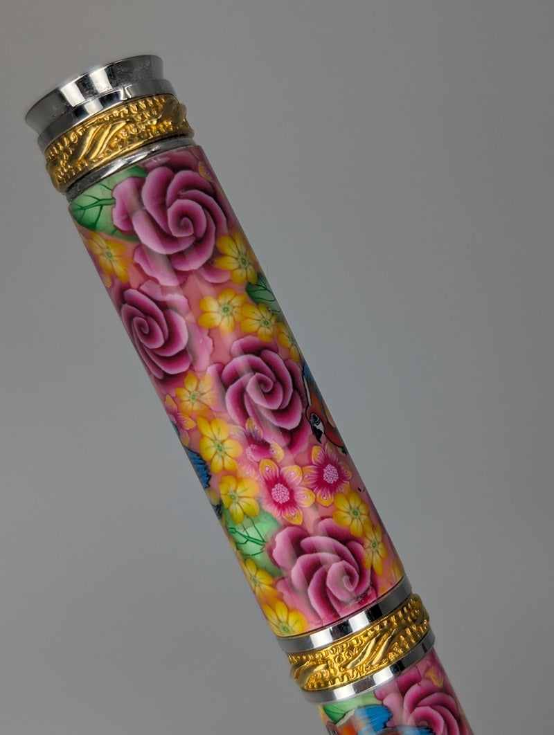 *Consignment* Toni Ransfield Pink Flowers & Parrot Rollerball Pen