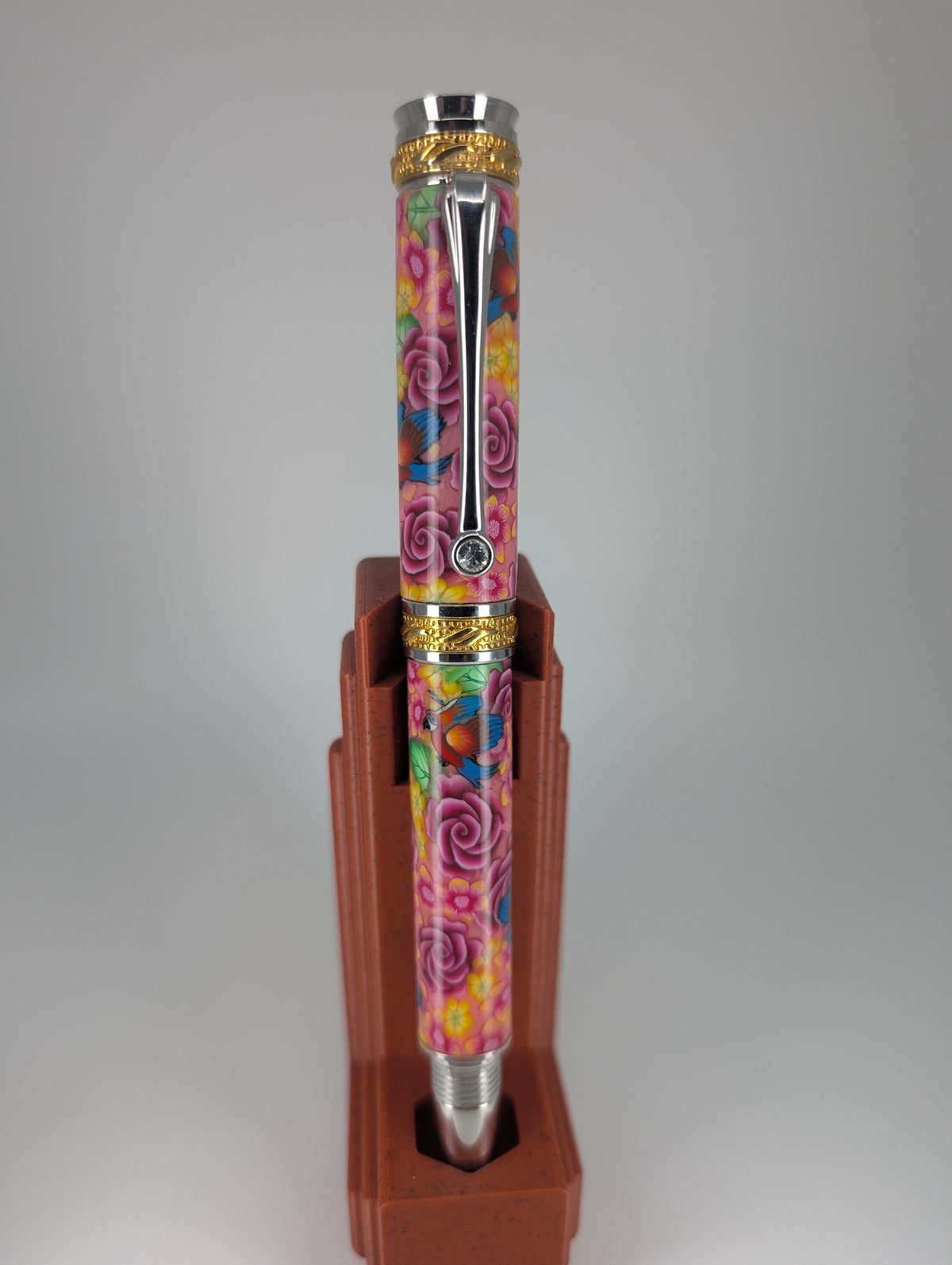 *Consignment* Toni Ransfield Pink Flowers & Parrot Rollerball Pen