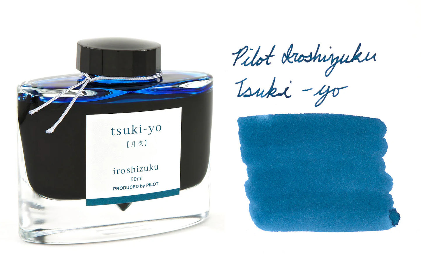 Pilot Iroshizuku Tsuki-yo ink bottle and blue ink pad on a white background