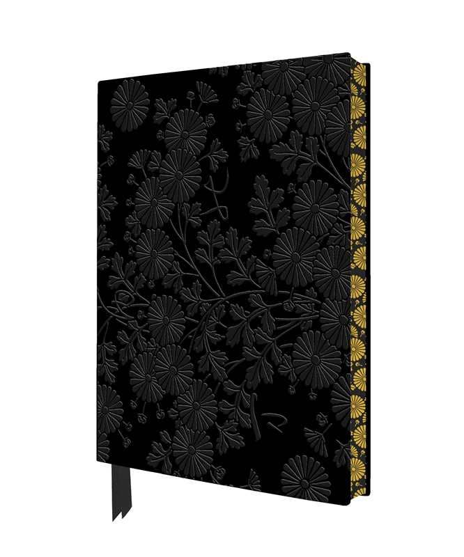Black notebook with floral embossing and gold edges on a white background