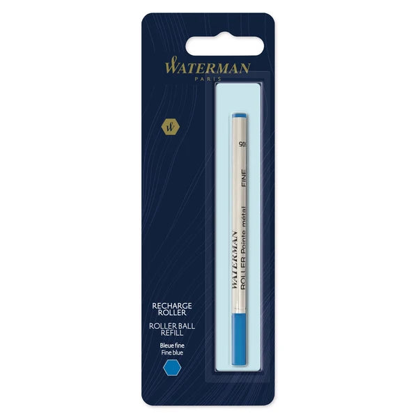 A packaged Waterman rollerball refill pen with blue ink, labeled 'Fine', in a clear plastic blister pack with blue and gold accents on a dark card.